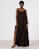 Noelle Strappy Tiered Satin Maxi Dress | Cocoa Soleil
