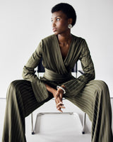 Zoe Pinstripe Elastic High Waist Satin Trousers | Khaki