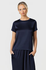 Matilda Satin T-Shirt | Navy