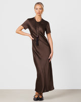Saskia Short Sleeve Satin Dress | Chocolate Brown