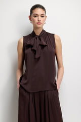Lyanne Bow Neck Tie Blouse | Espresso Brown Moire