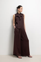 Arden Pleated Elastic Waist Satin Trousers | Espresso Brown Moire