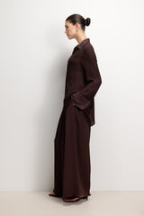 Arden Pleated Elastic Waist Satin Trousers | Espresso Brown Moire
