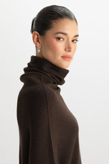 Asymmetric Draped Roll Neck | Espresso Brown | Seamless Knit