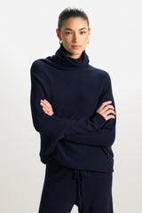 Asymmetric Draped Roll Neck | Navy | Seamless Knit