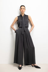 Arden Pleated Elastic Waist Satin Trousers | Anthracite