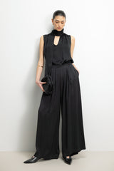 Arden Pleated Elastic Waist Satin Trousers | Black