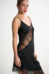 Isobel Asymmetric Lace Satin Dress | Black