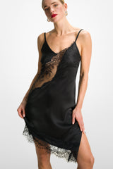 Isobel Asymmetric Lace Satin Dress | Black