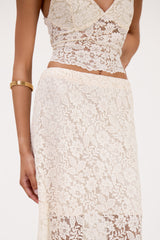 Front detail view of cream lace maxi skirt with inner lining