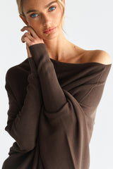 Kaia Asymmetric Sweater | Chocolate Brown | Fine Knit