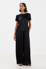 Daisy Elastic Waist Satin Pants | Black