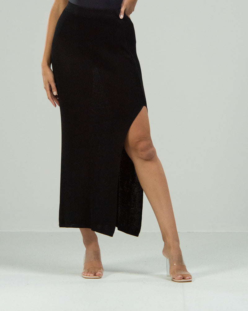 RESTOCKED | Side Split Elastic Waist Knitted Midi Skirt | Black