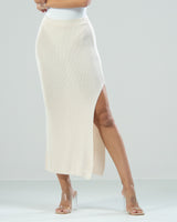 RESTOCKED | Side Split Elastic Waist Knitted Midi Skirt | Light Beige