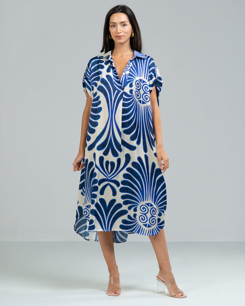 Open Collar Floral Silk Kaftan Dress | Blue – JAKI