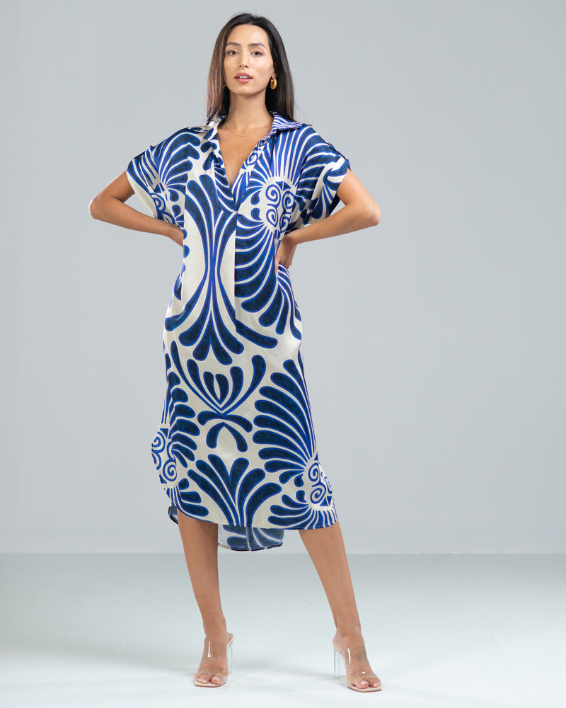 Open Collar Floral Silk Kaftan Dress | Blue – JAKI