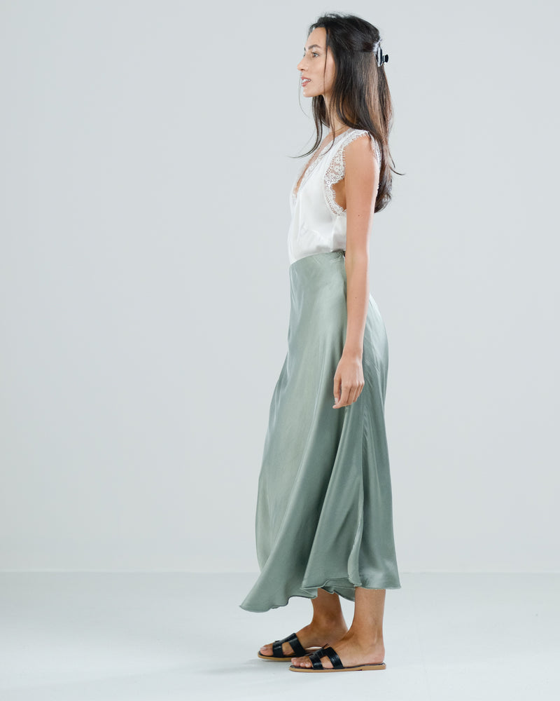 SALE | Satin Elastic Waist Midi Skirt | Khaki