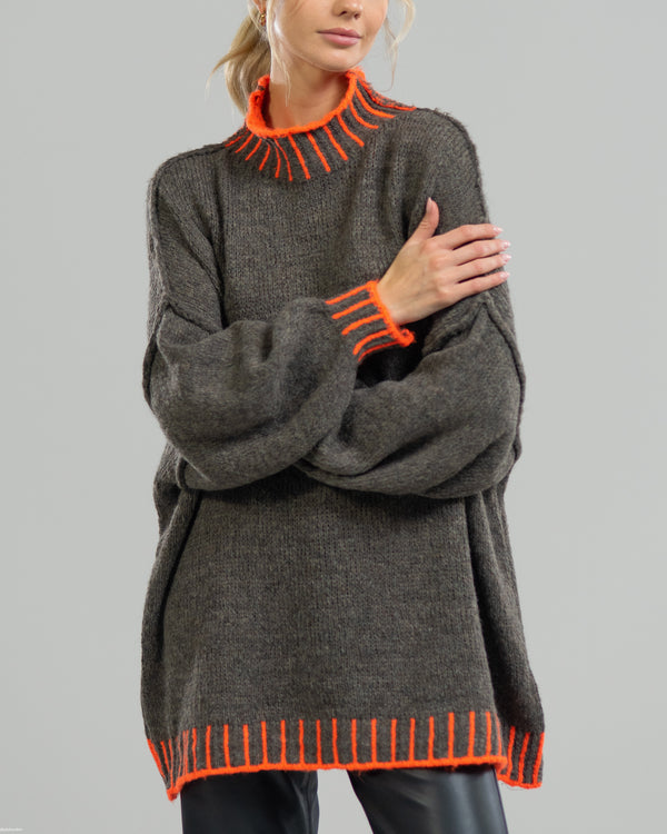 NEW | Mockneck Contrast Sweater | Graphite Brown | Wool Blend