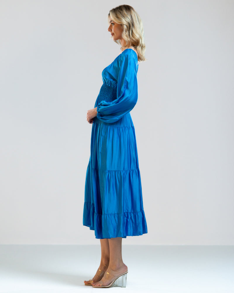 Silk V Neck Shirred Waist Long Tiered Dress | Blue