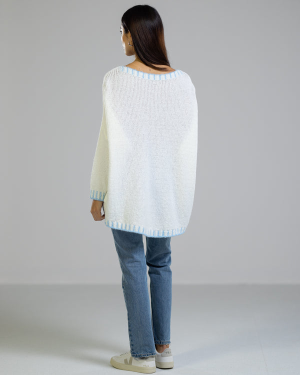 NEW | Contrast High Low Sweater | Ivory/Blue | Wool Blend