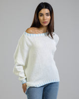 NEW | Contrast High Low Sweater | Ivory/Blue | Wool Blend
