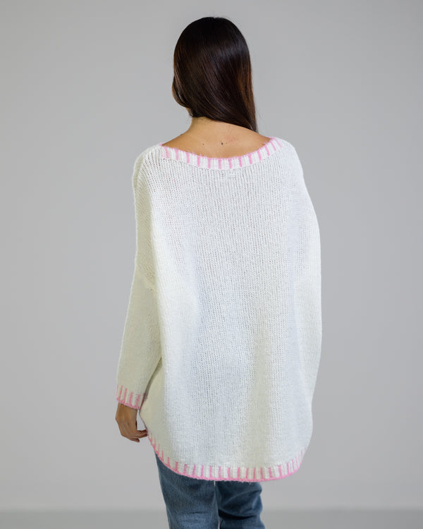 NEW | Contrast High Low Sweater | Ivory/Pink | Wool Blend