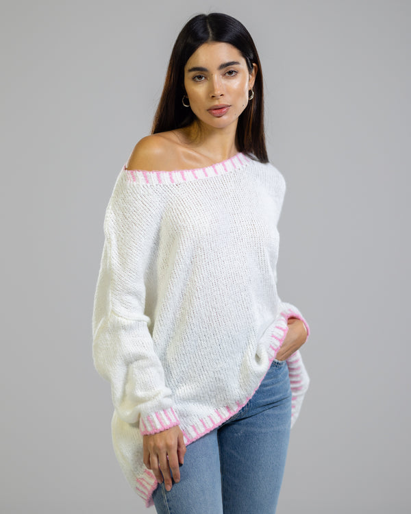 NEW | Contrast High Low Sweater | Ivory/Pink | Wool Blend