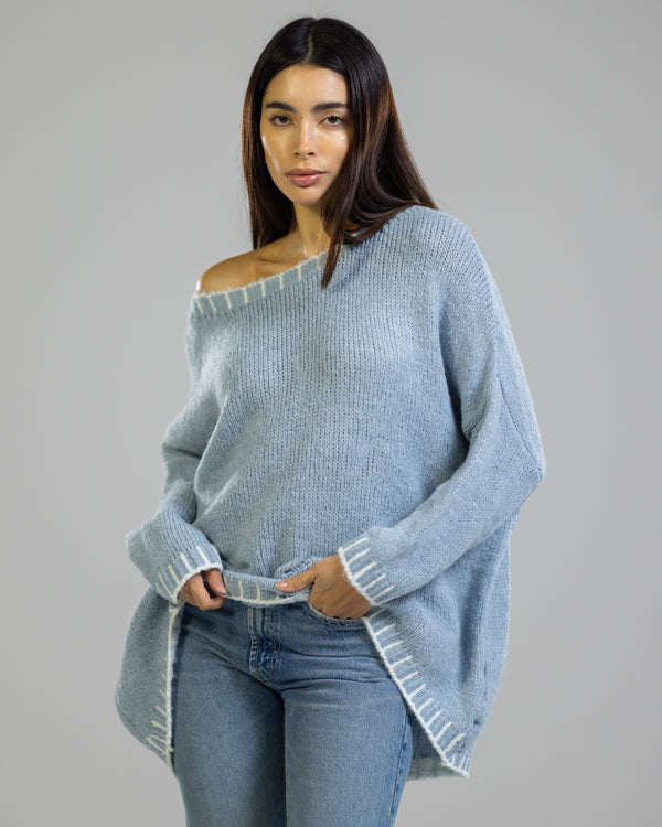 NEW | Contrast High Low Sweater | Light Blue | Wool Blend