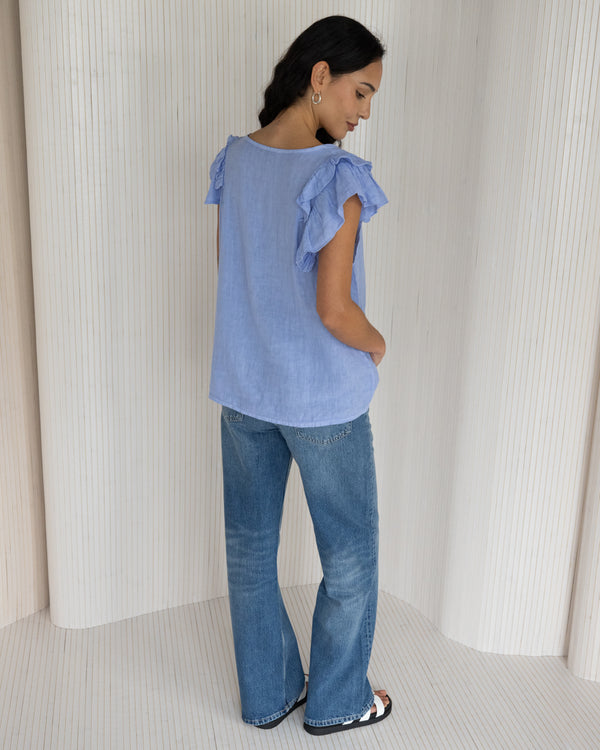 NEW | Lydia Frill Sleeve Top | Cornflower Blue | 100% Linen