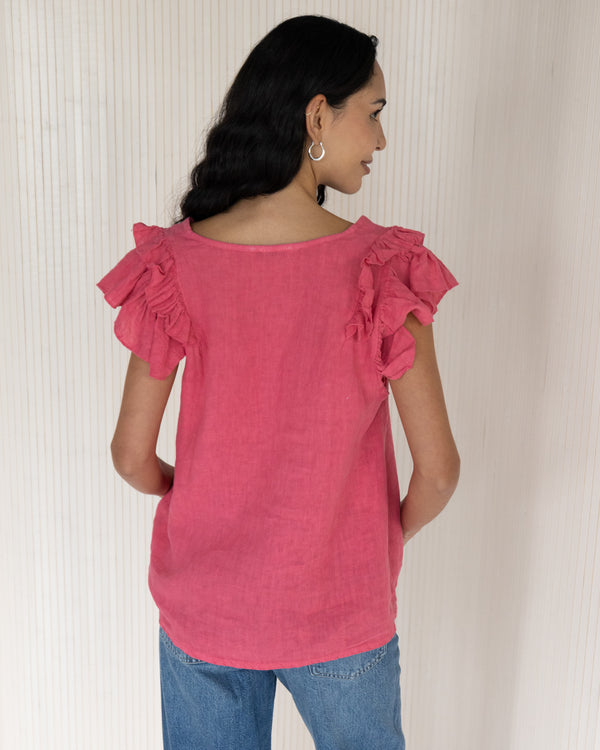 NEW | Lydia Frill Sleeve Top | Coral | 100% Linen