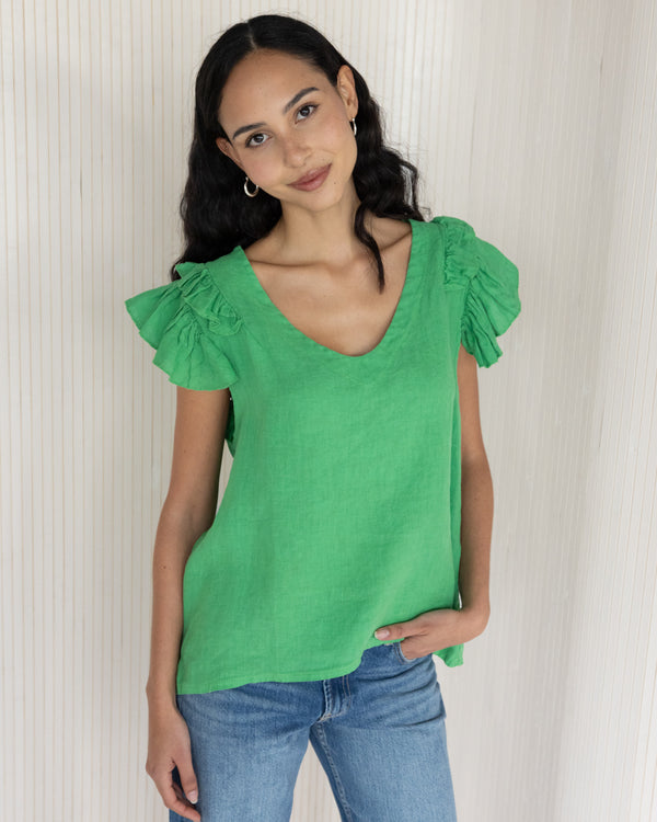 NEW | Lydia Frill Sleeve Top | Green | 100% Linen