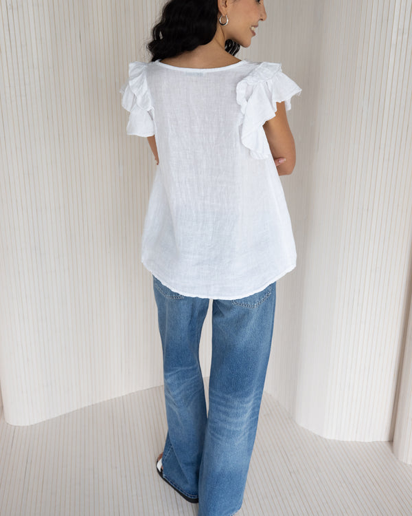 NEW | Lydia Frill Sleeve Top | White | 100% Linen