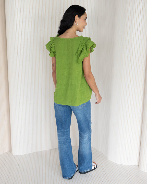 NEW | Lydia Frill Sleeve Top | Lime | 100% Linen