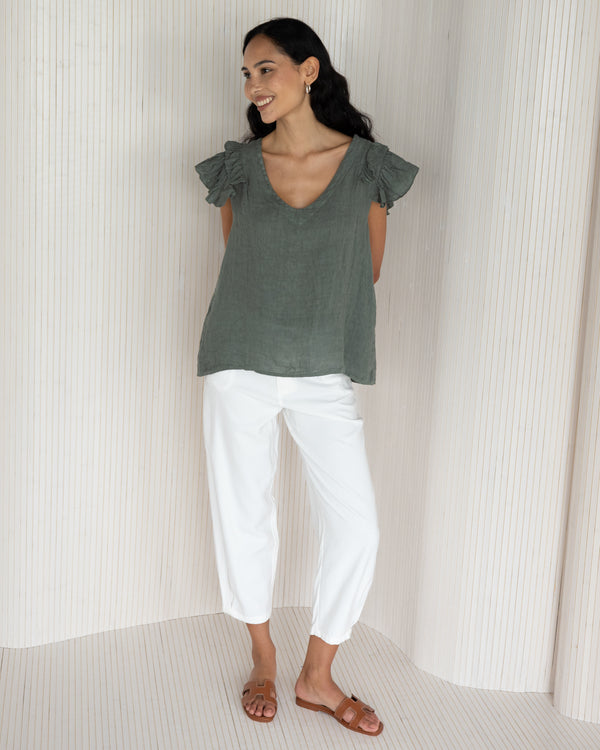 NEW | Lydia Frill Sleeve Top | Khaki | 100% Linen