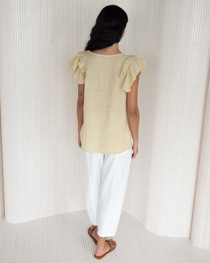 NEW | Lydia Frill Sleeve Top | Sand | 100% Linen