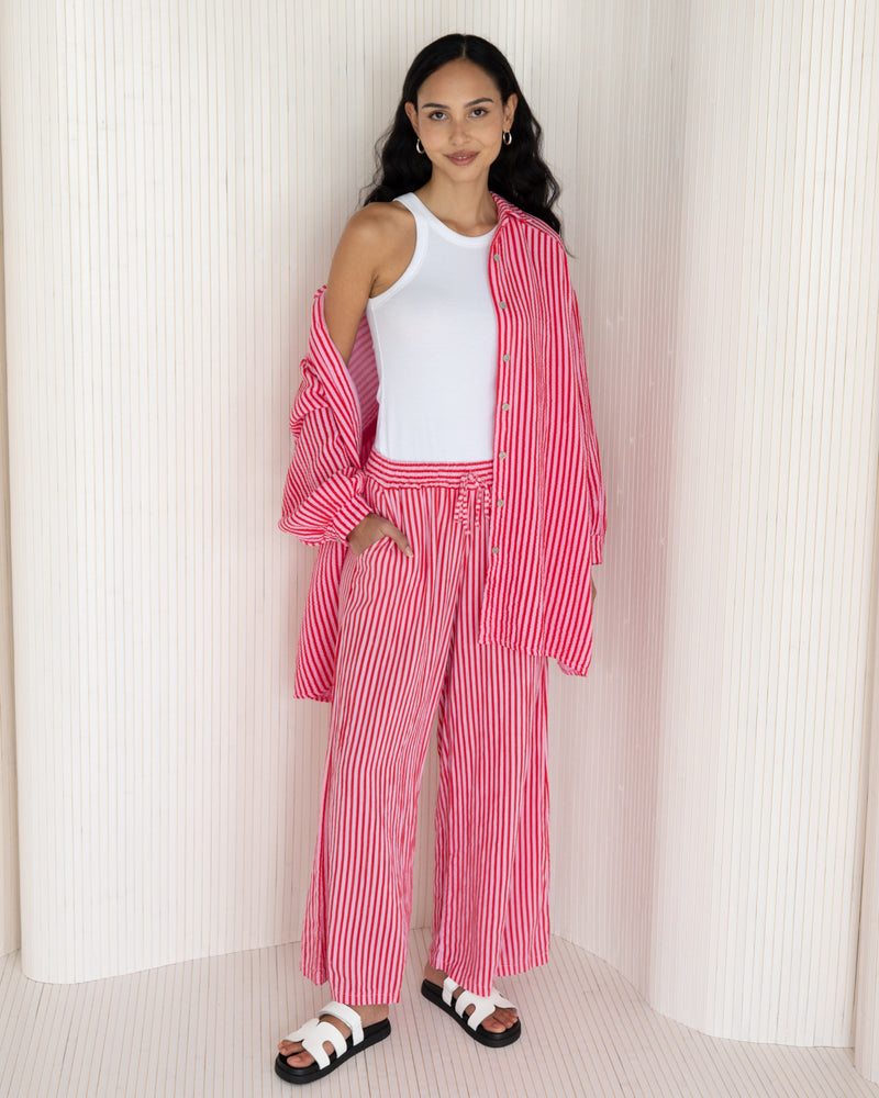 NEW | Sandie Oversized Striped Shirt | Raspberry | 100% Linen