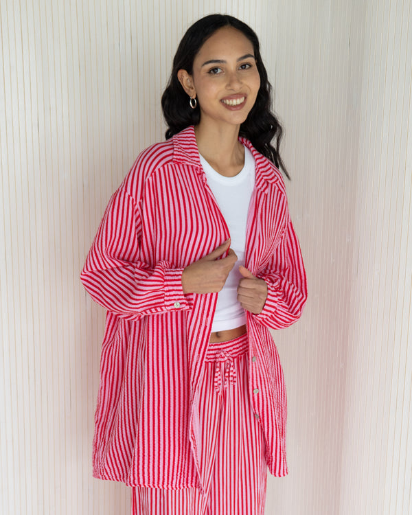 NEW | Sandie Oversized Striped Shirt | Raspberry | 100% Linen