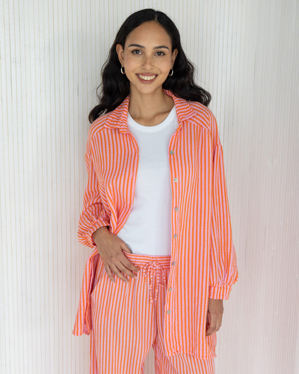 NEW | Sandie Oversized Striped Shirt | Tangerine | 100% Linen