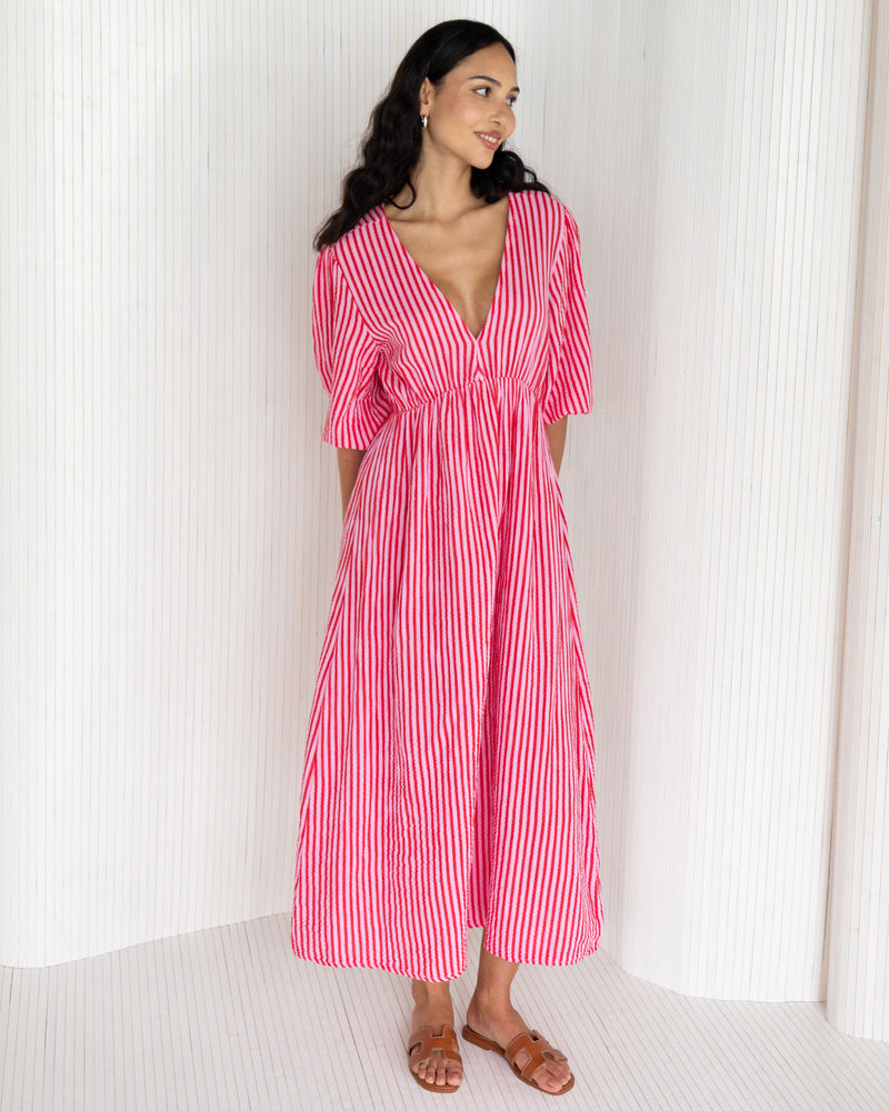 NEW | Sandie Striped Dress | Raspberry | 100% Linen