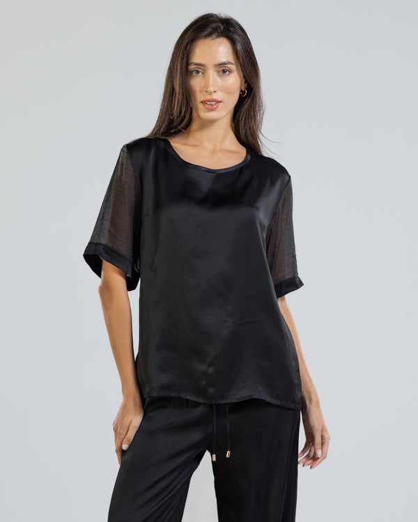 NEW | Bianca Sheer Sleeve Satin Top | Black