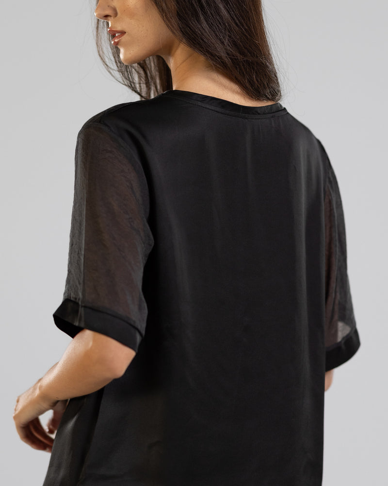 NEW | Bianca Sheer Sleeve Satin Top | Black