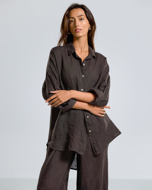 NEW | Tracey Button Up Shirt | Espresso Brown | 100% Linen