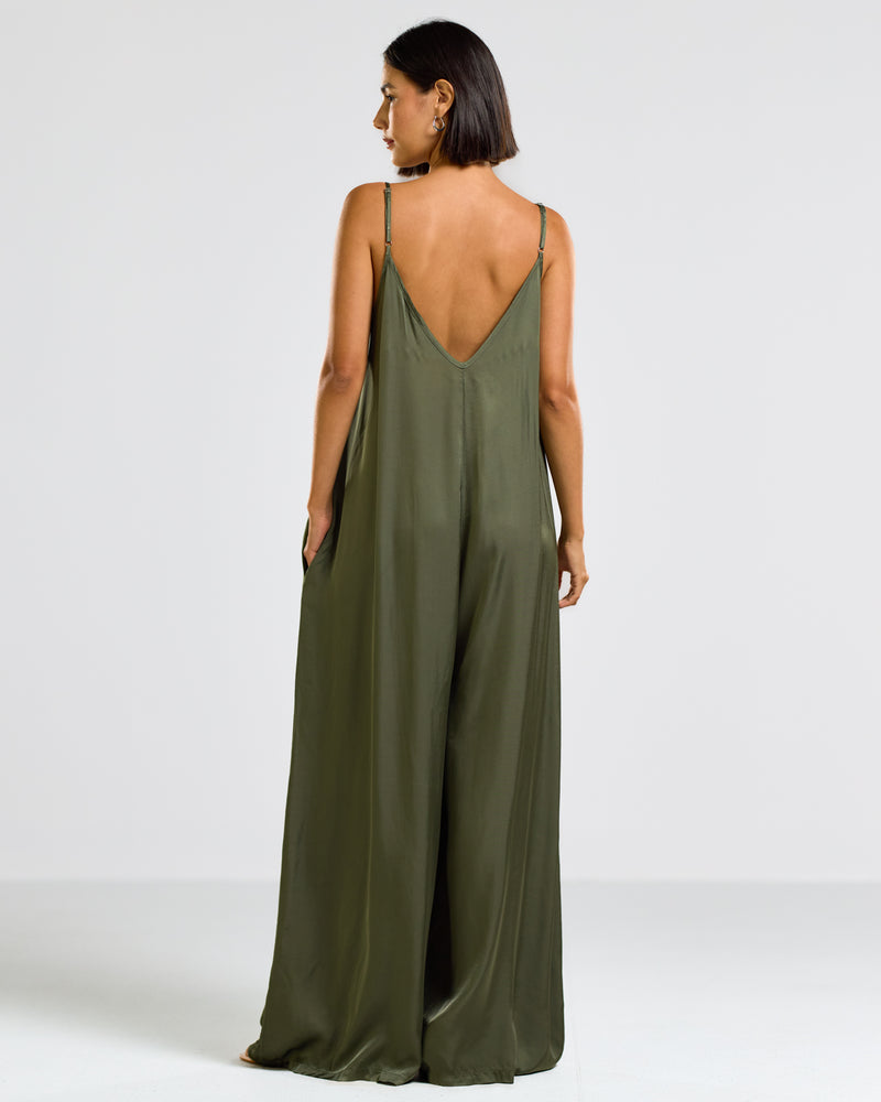 Eliza Satin Jumpsuit | Khaki