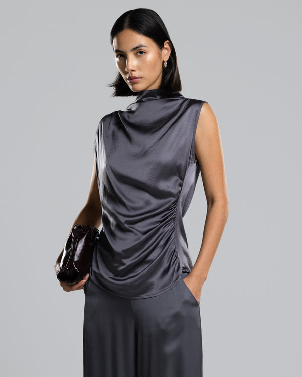 Allegra Draped Satin Top | Charcoal