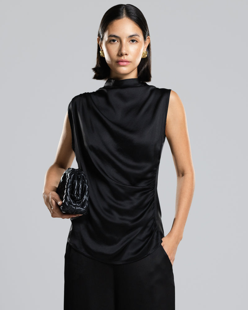 Allegra Draped Satin Top | Black