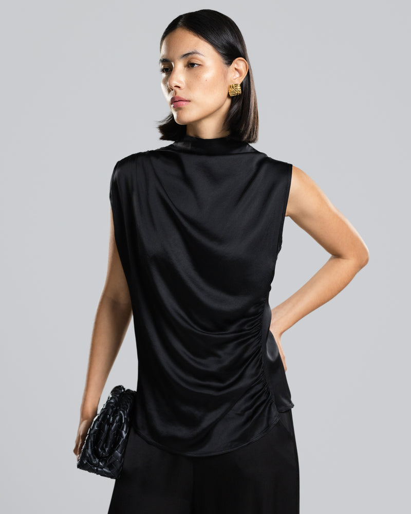 Allegra Draped Satin Top | Black