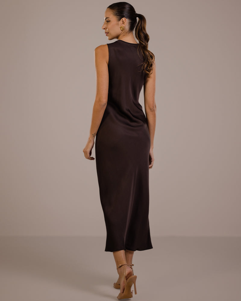 Sabrina Sleeveless Satin Dress | Espresso Brown