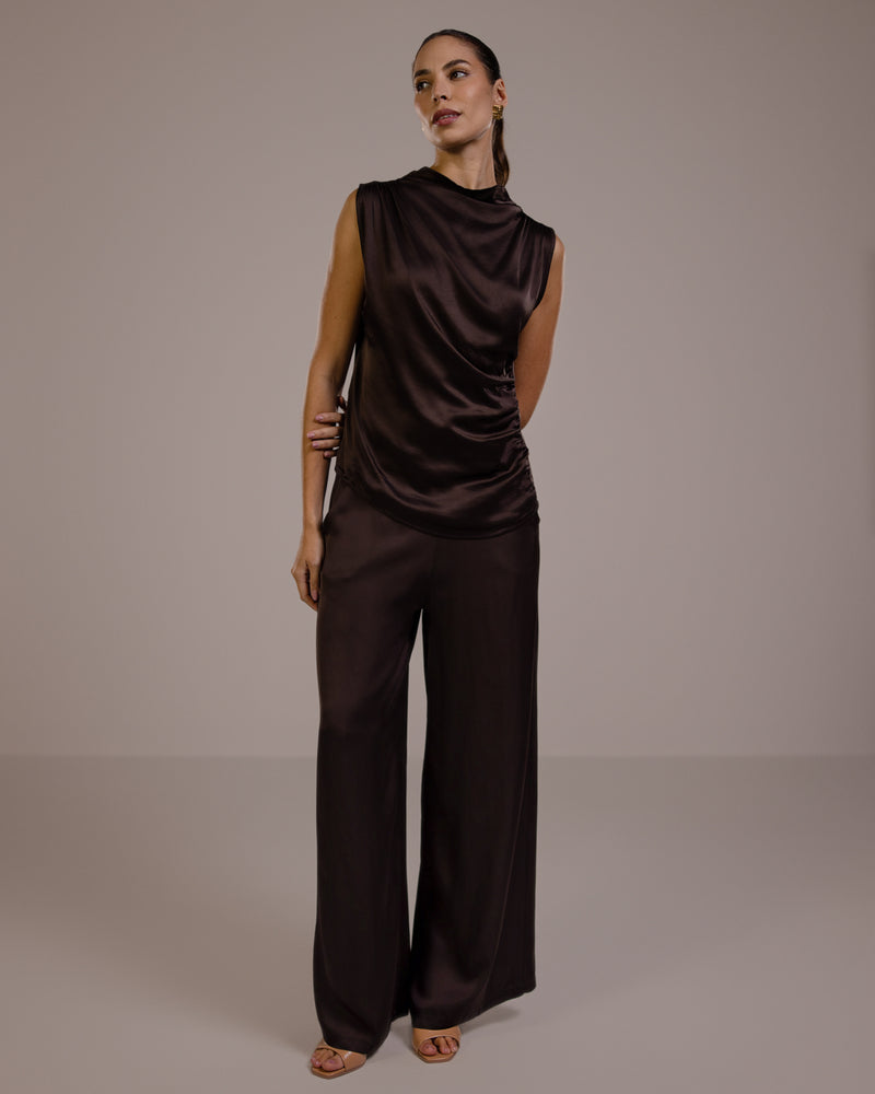 Allegra Draped Satin Top | Espresso Brown