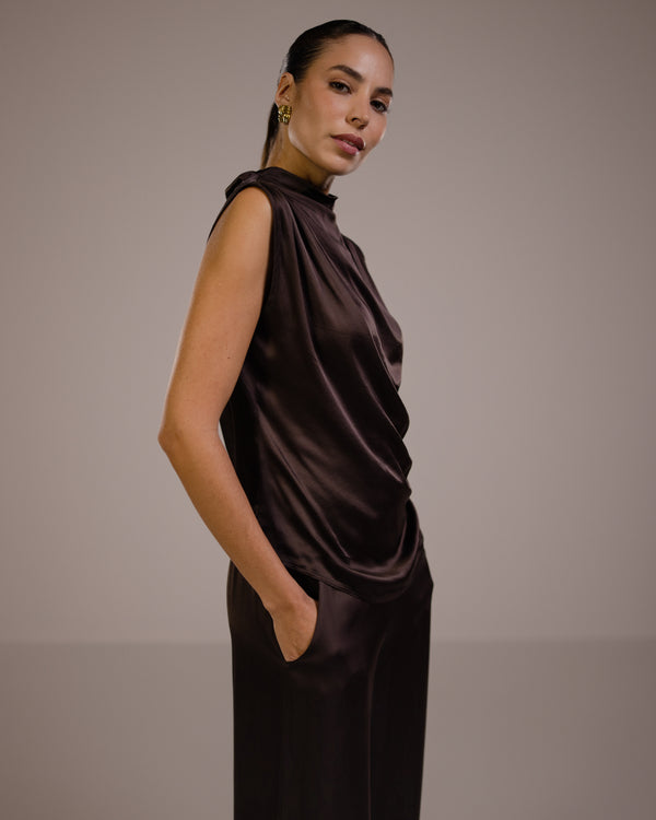 Allegra Draped Satin Top | Espresso Brown