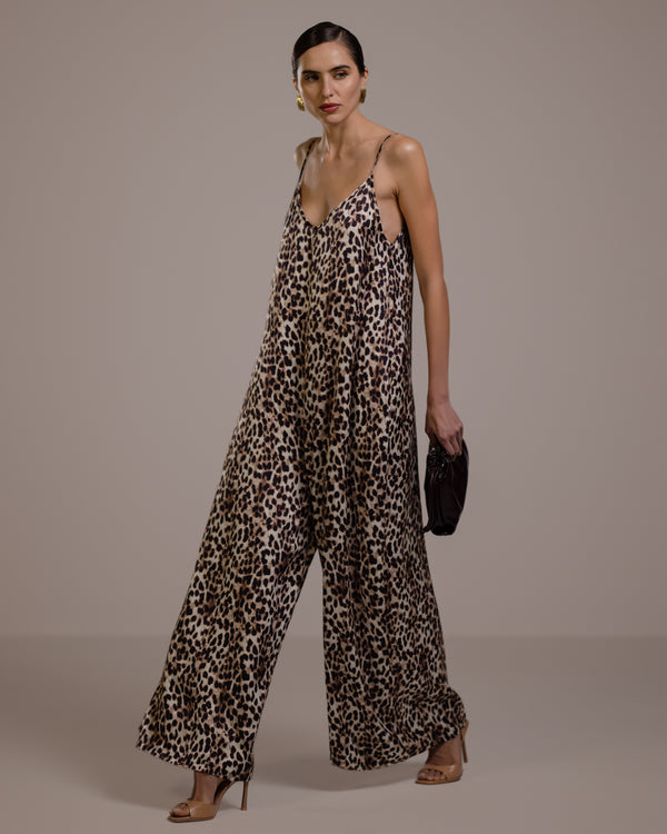 Audrey Satin Jumpsuit | Leopard Brown